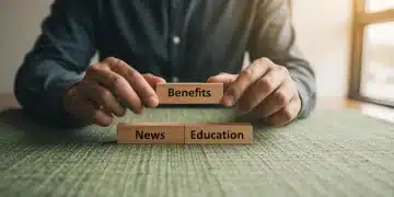 A person balancing wooden blocks labeled 'News,' 'Education,' and 'Benefits' on a green surface, symbolizing financial stability.