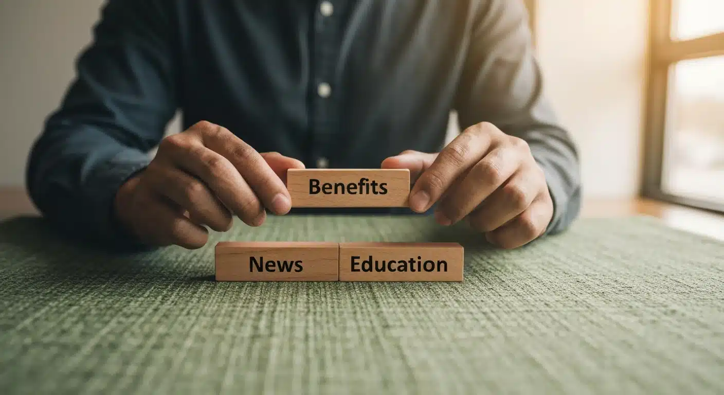 A person balancing wooden blocks labeled 'News,' 'Education,' and 'Benefits' on a green surface, symbolizing financial stability.