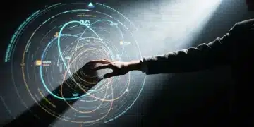 A person interacting with a complex digital projection, symbolizing the integration of news, education, and benefits for informed decision-making.