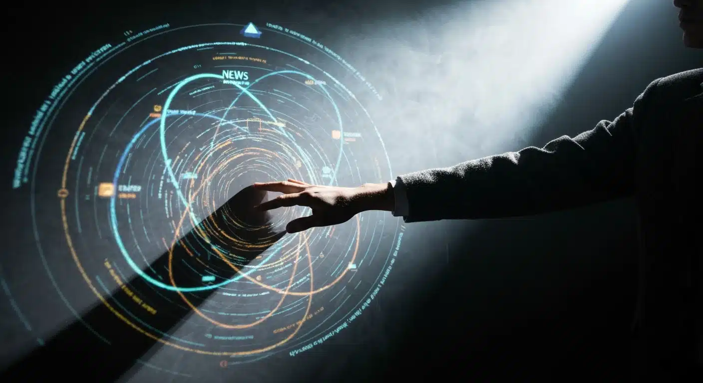 A person interacting with a complex digital projection, symbolizing the integration of news, education, and benefits for informed decision-making.