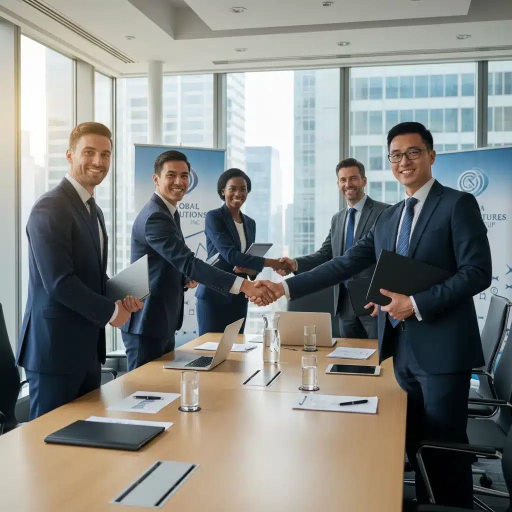 American and Asian business leaders shaking hands, symbolizing successful trade partnerships.