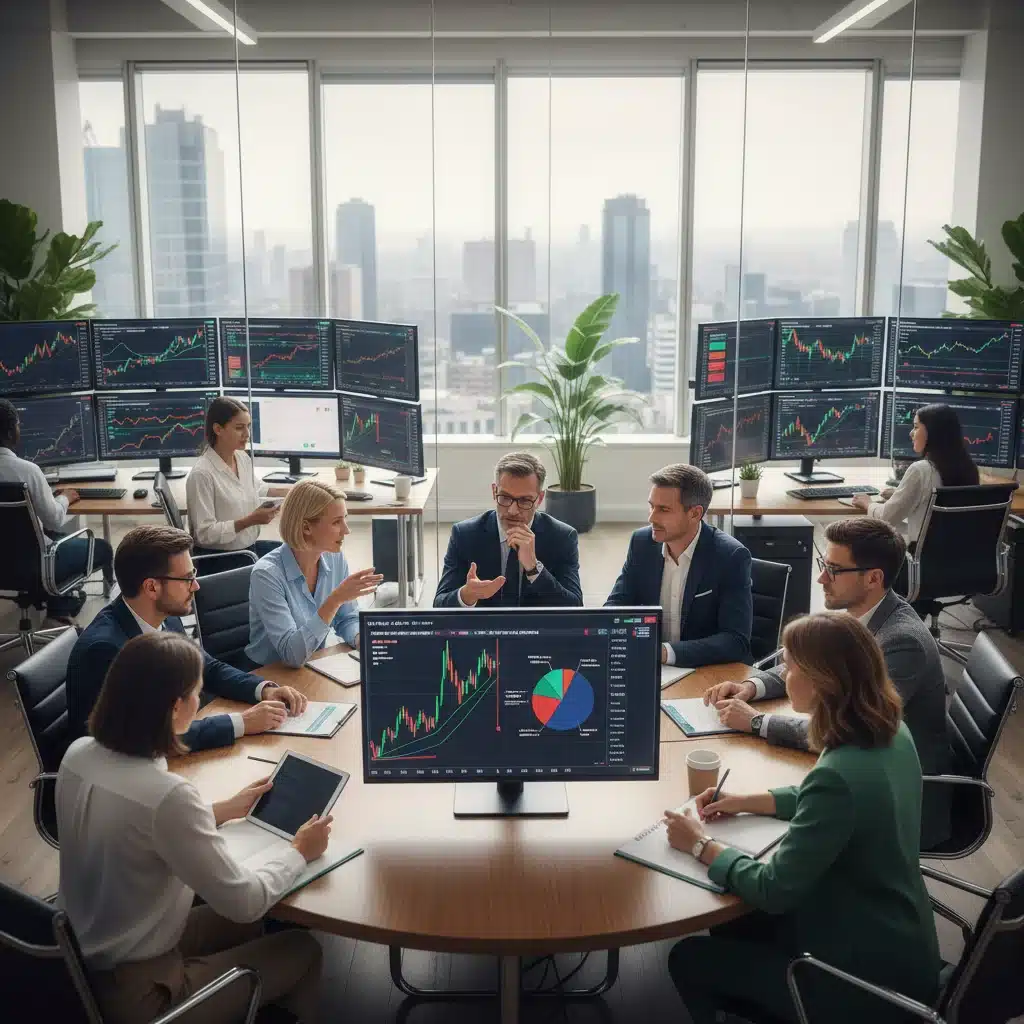 Group of diverse investors analyzing crypto market data and discussing investment strategies.