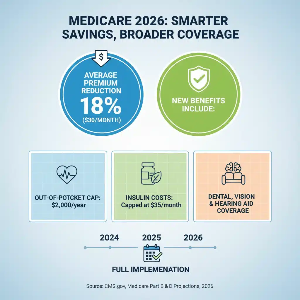 Infographic detailing Medicare premium reductions and new coverage options for 2026.