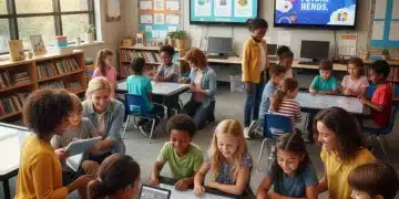 Parents and children learning together in a modern classroom, symbolizing new K-12 standards.