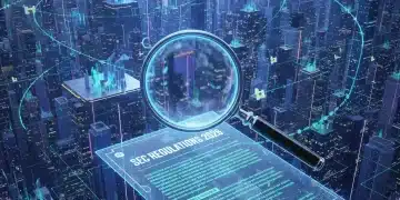 Futuristic digital city with blockchain connections and a magnifying glass over SEC regulations document.
