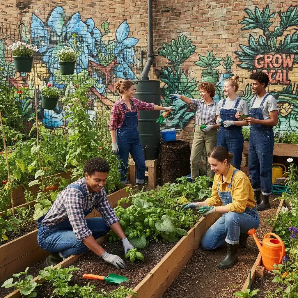 Young adults collaborating on a sustainable urban garden project
