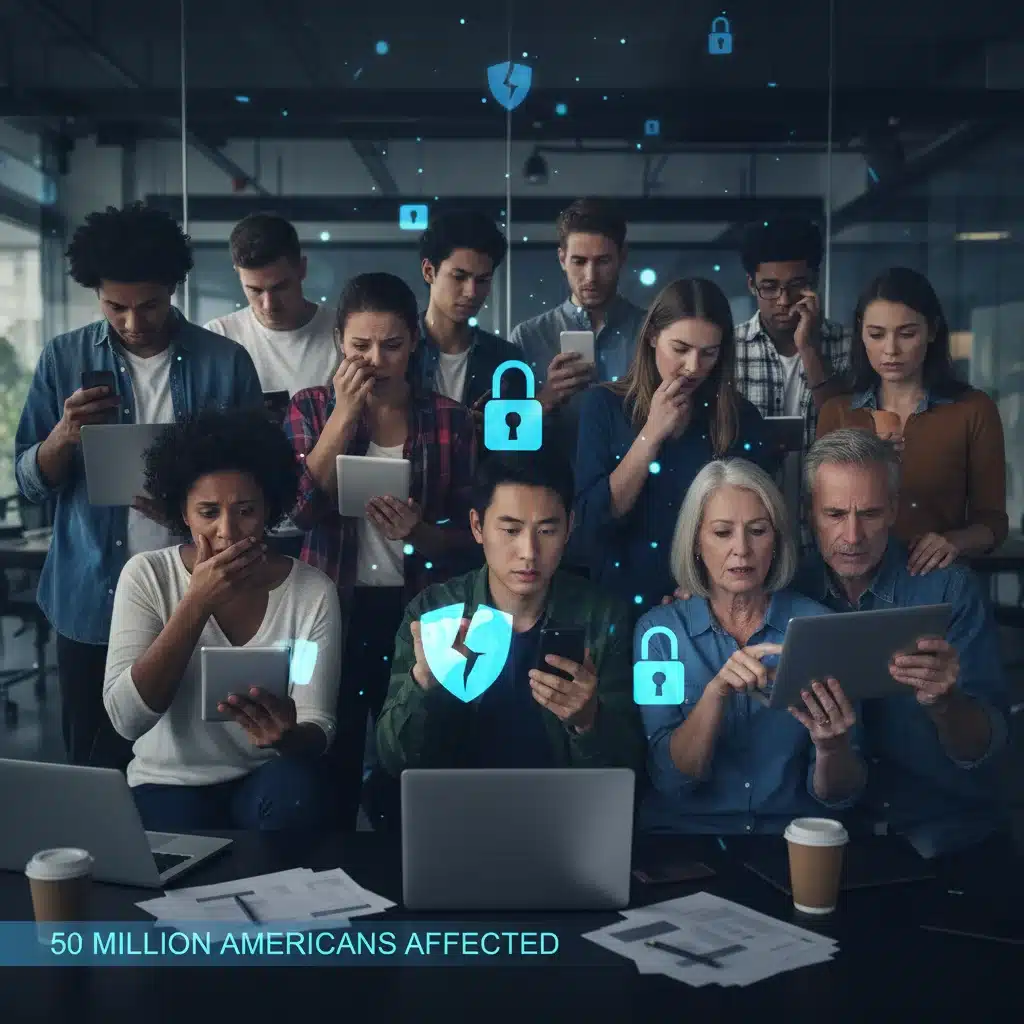 Concerned individuals affected by a large-scale data breach, highlighting the human impact.