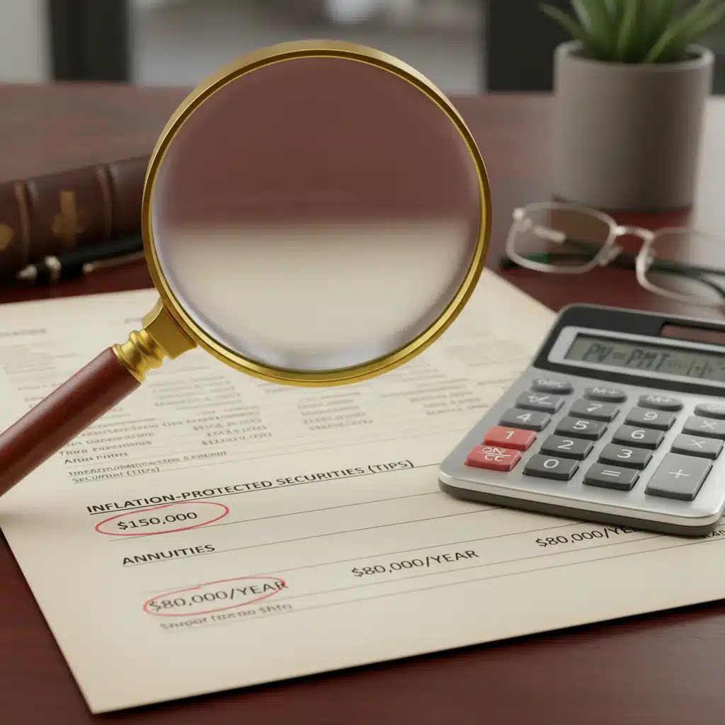 Magnifying glass examining a financial statement with inflation-protected securities.