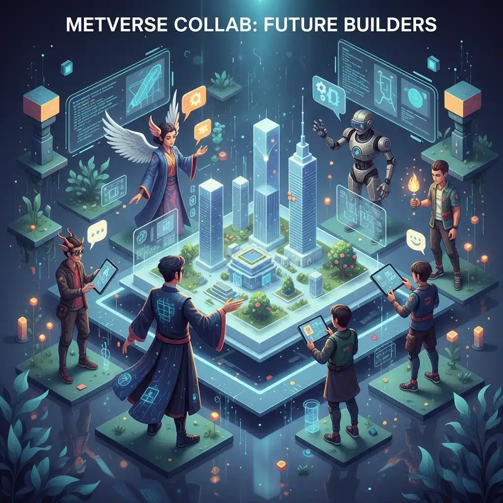 Educator guiding collaborative project in metaverse with student avatars.