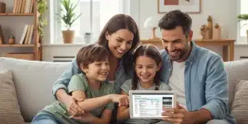 Smiling family planning finances with tablet, symbolizing 2026 Child Tax Credit benefits.