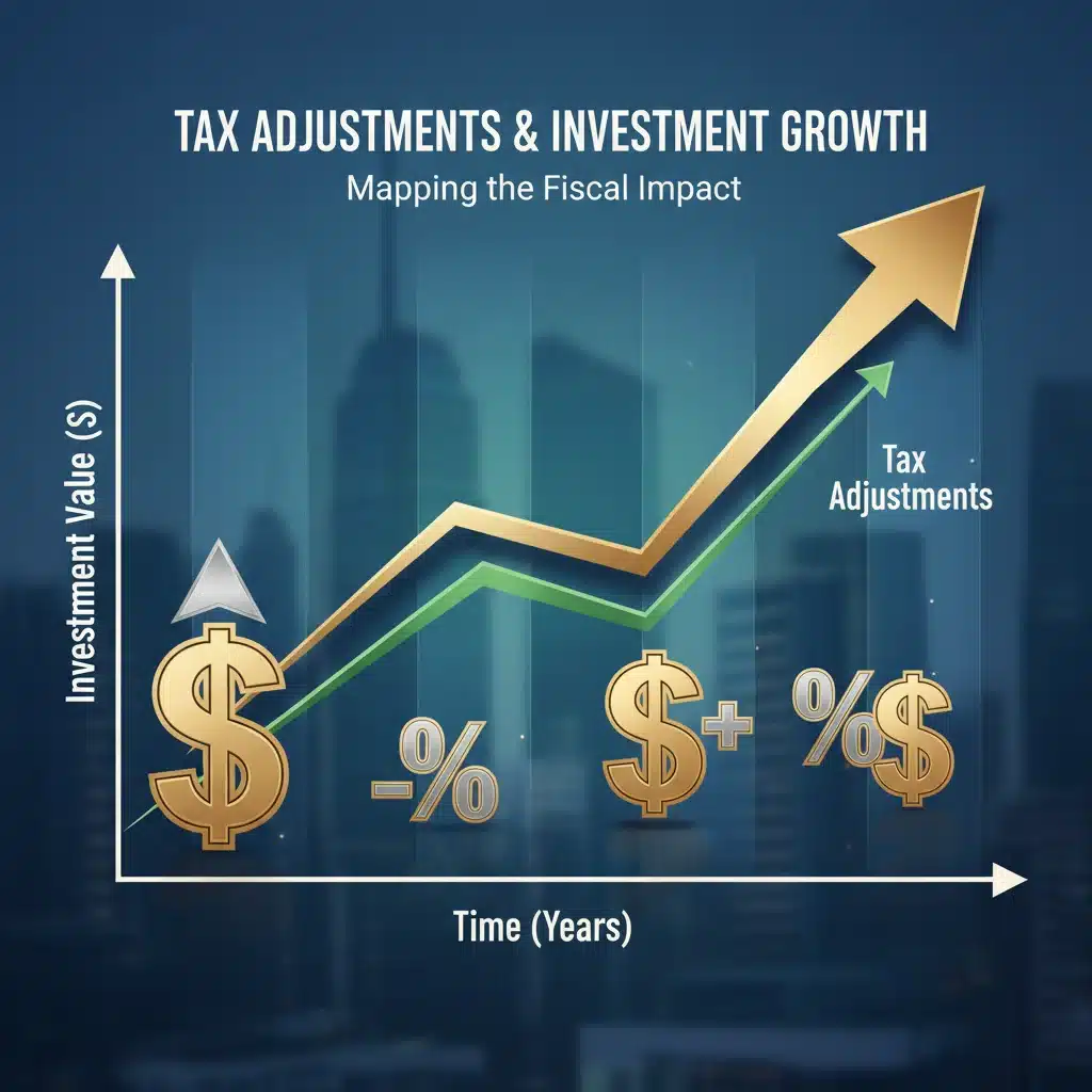 Financial growth chart with tax symbols, depicting investment returns and tax impact.