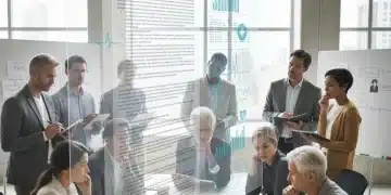 Diverse group analyzing healthcare policy changes on a digital screen