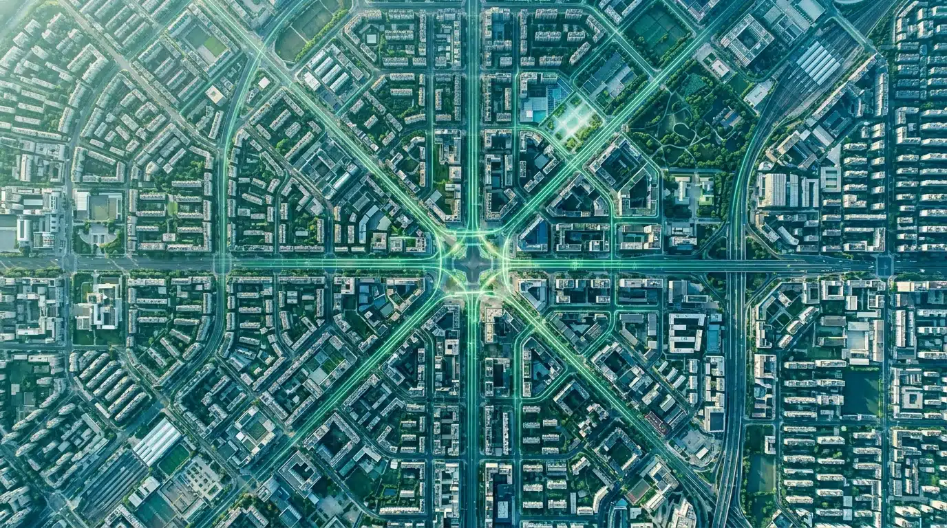 Aerial view of a city grid at sunrise with glowing green digital pathways representing interconnected benefit data streams.