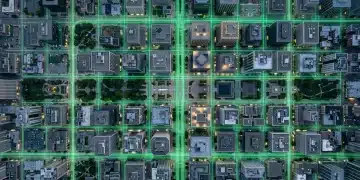 Aerial view of a green-hued financial cityscape at dusk, depicting interconnected geometric structures representing income, expenses, assets, and liabilities with varying light and shadow.