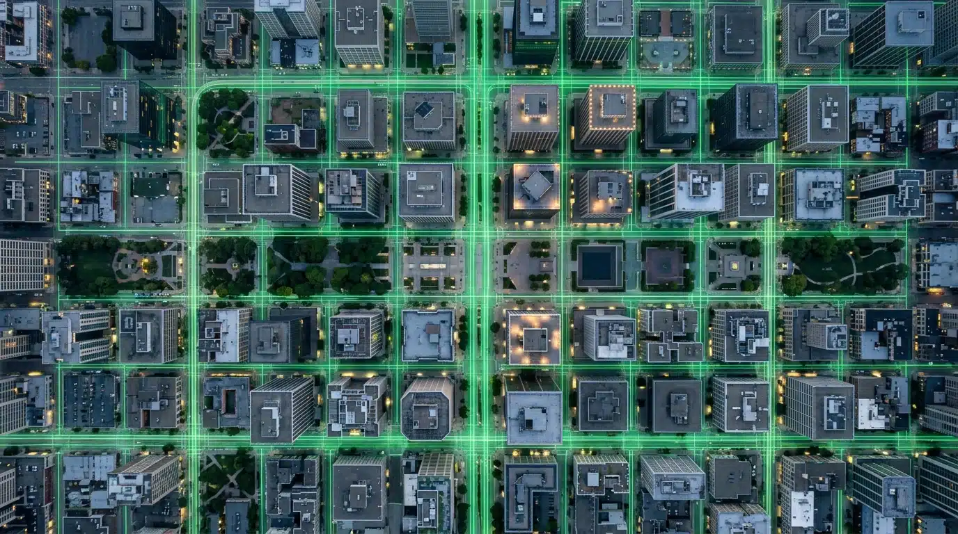 Aerial view of a green-hued financial cityscape at dusk, depicting interconnected geometric structures representing income, expenses, assets, and liabilities with varying light and shadow.