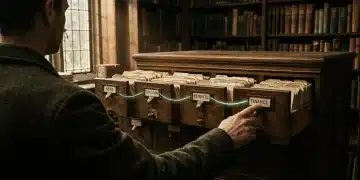 A person's hand tracing glowing lines between antique filing cabinet drawers labeled 'NEWS', 'EDUCATION', 'BENEFITS', and 'FINANCE' in a rustic library, symbolizing interconnected knowledge for decision-making.