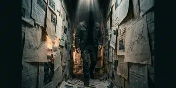 A person navigating a glowing labyrinth made of misleading financial headlines and distorted market charts, symbolizing the perils of uninformed financial decisions.