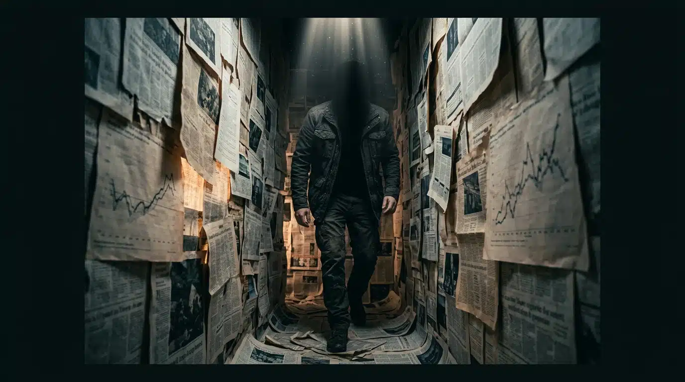 A person navigating a glowing labyrinth made of misleading financial headlines and distorted market charts, symbolizing the perils of uninformed financial decisions.