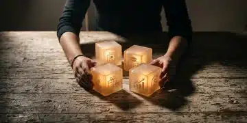 A person arranging four glowing frosted glass cubes labeled 'News', 'Education', 'Benefits', and 'Finance' on a distressed wooden table, representing interconnected information for decision-making.