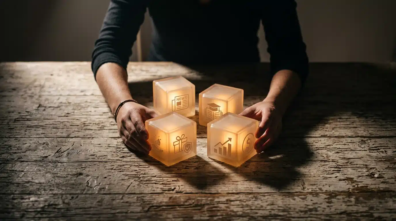 A person arranging four glowing frosted glass cubes labeled 'News', 'Education', 'Benefits', and 'Finance' on a distressed wooden table, representing interconnected information for decision-making.
