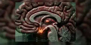 High-contrast macro photograph of a simulated human brain cross-section with distorted green financial charts overlay, an orange pulsing amygdala, representing the brain's fear response to financial loss.