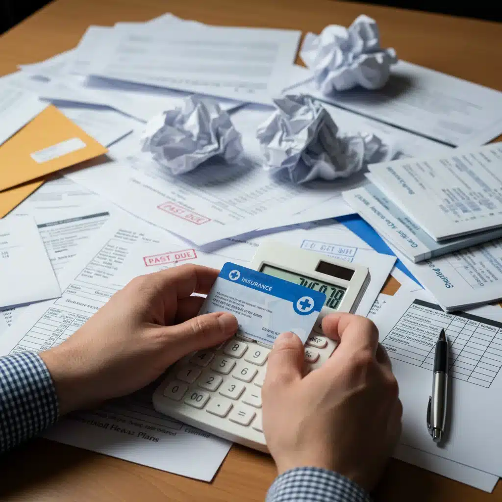 Hands with calculator, insurance card, and medical bills showing financial impact