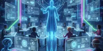 Students and educators engaging in an immersive metaverse classroom, showcasing future learning.