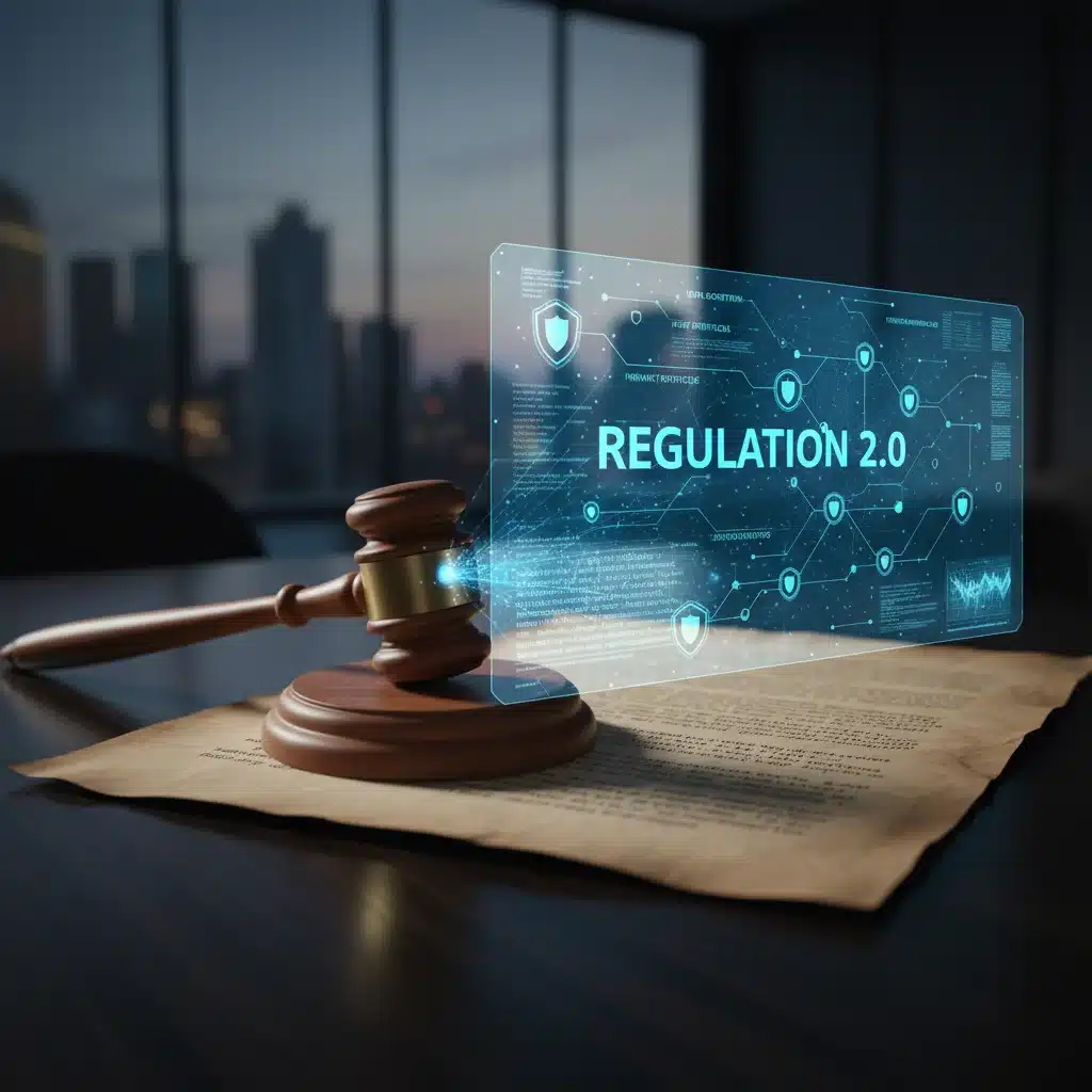 New data protection laws symbolized by legal documents and cybersecurity interface, effective March 2026.