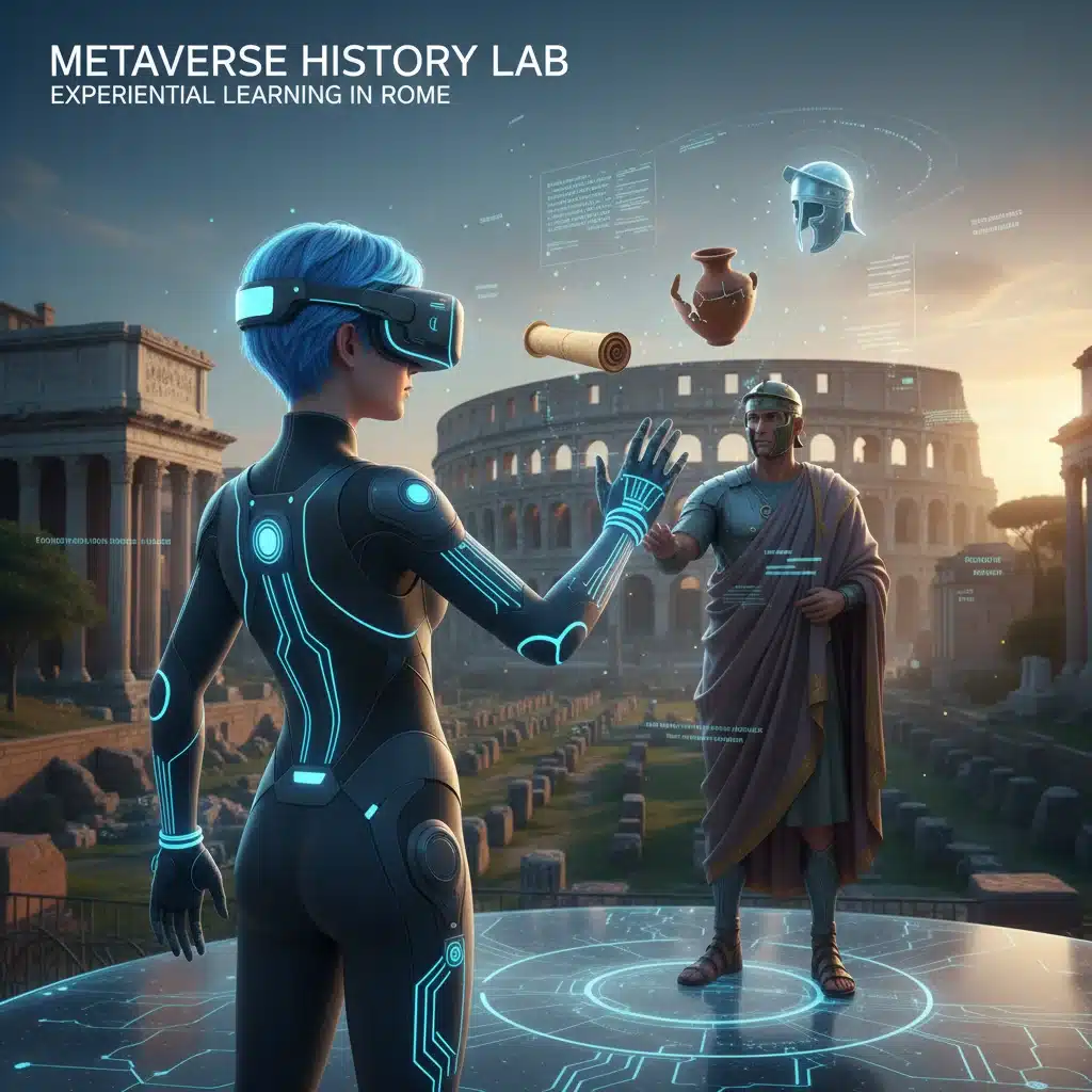 Student avatar experiencing historical immersion through VR in the metaverse.
