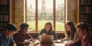Students preparing for college admissions with textbooks and laptops