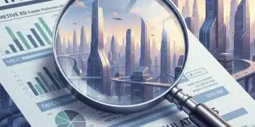 Tax form with magnifying glass, symbolizing financial analysis of future capital gains.