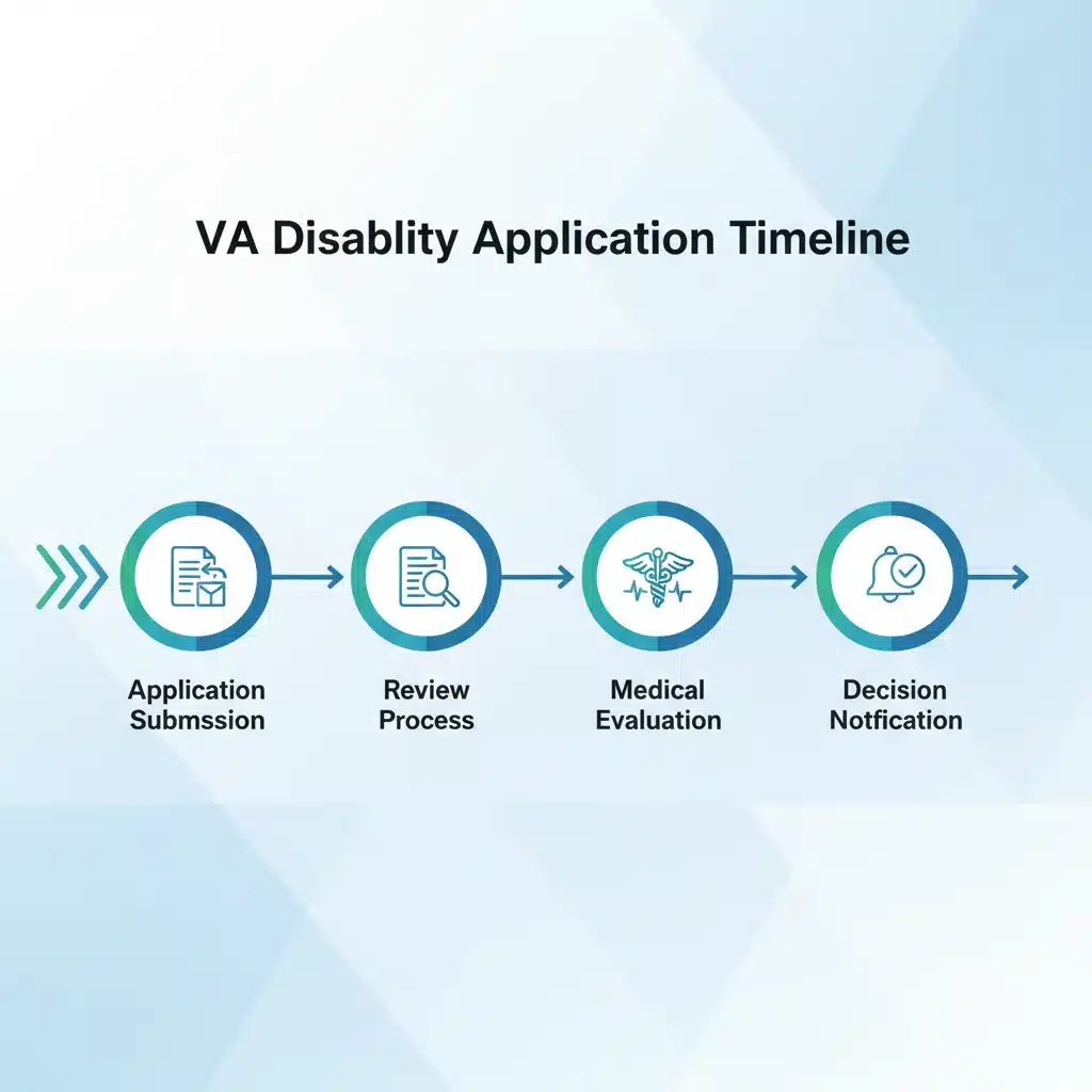 Timeline illustrating the stages of the VA disability application process.