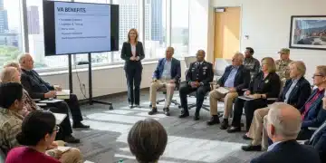 Veterans receiving information about VA benefits and disability compensation updates.