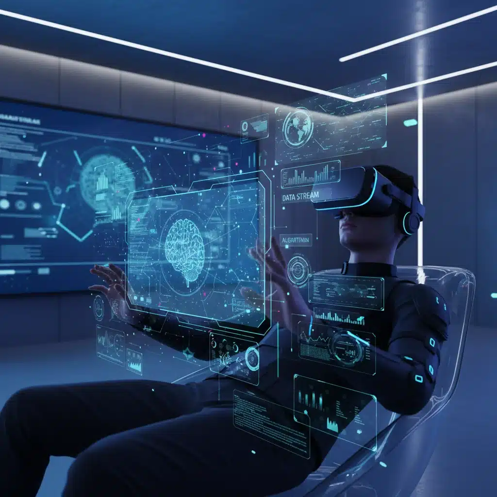 Person in VR headset, virtual reality training, AI machine learning concepts