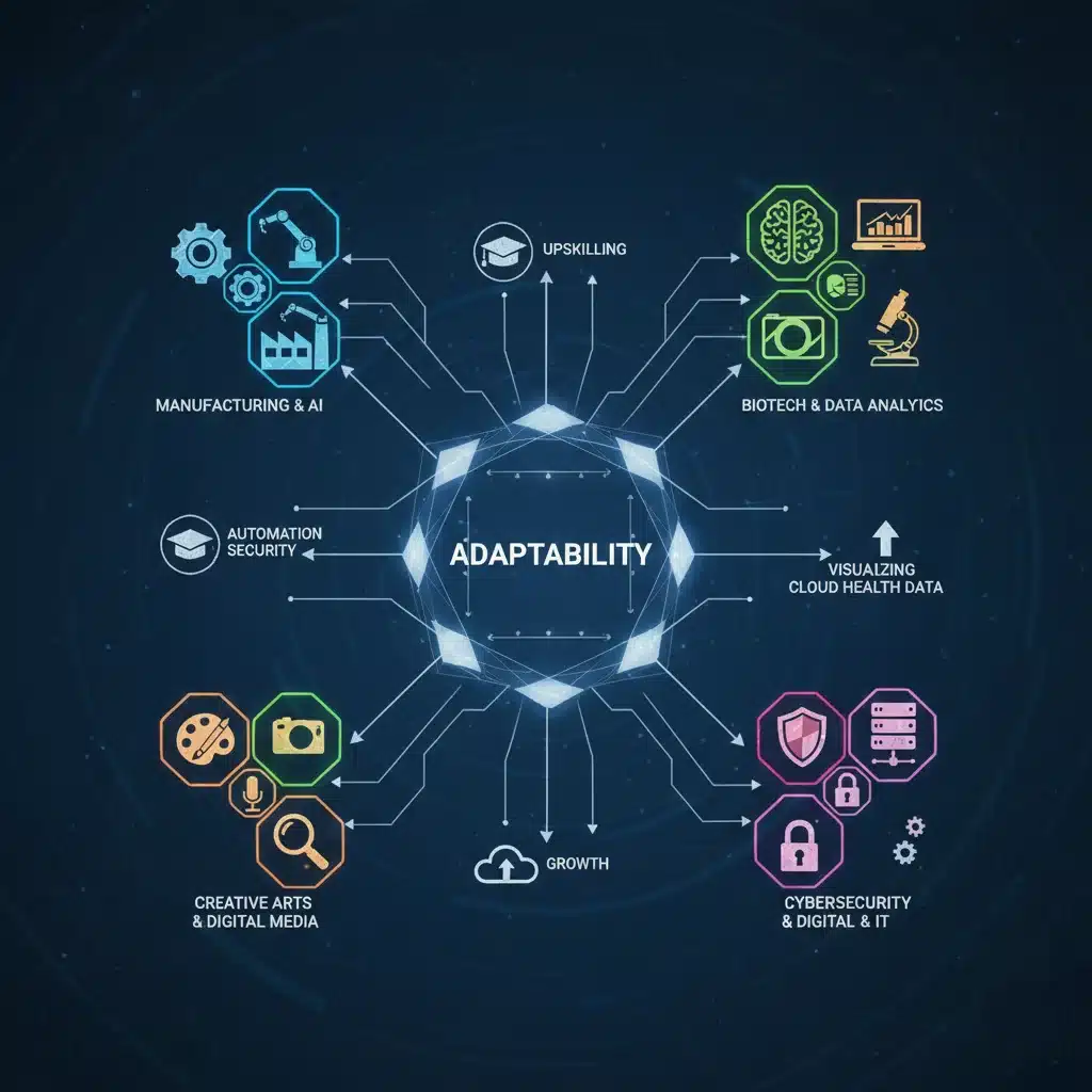 Digital network showing interconnected industries and skills, emphasizing career adaptability and upskilling.