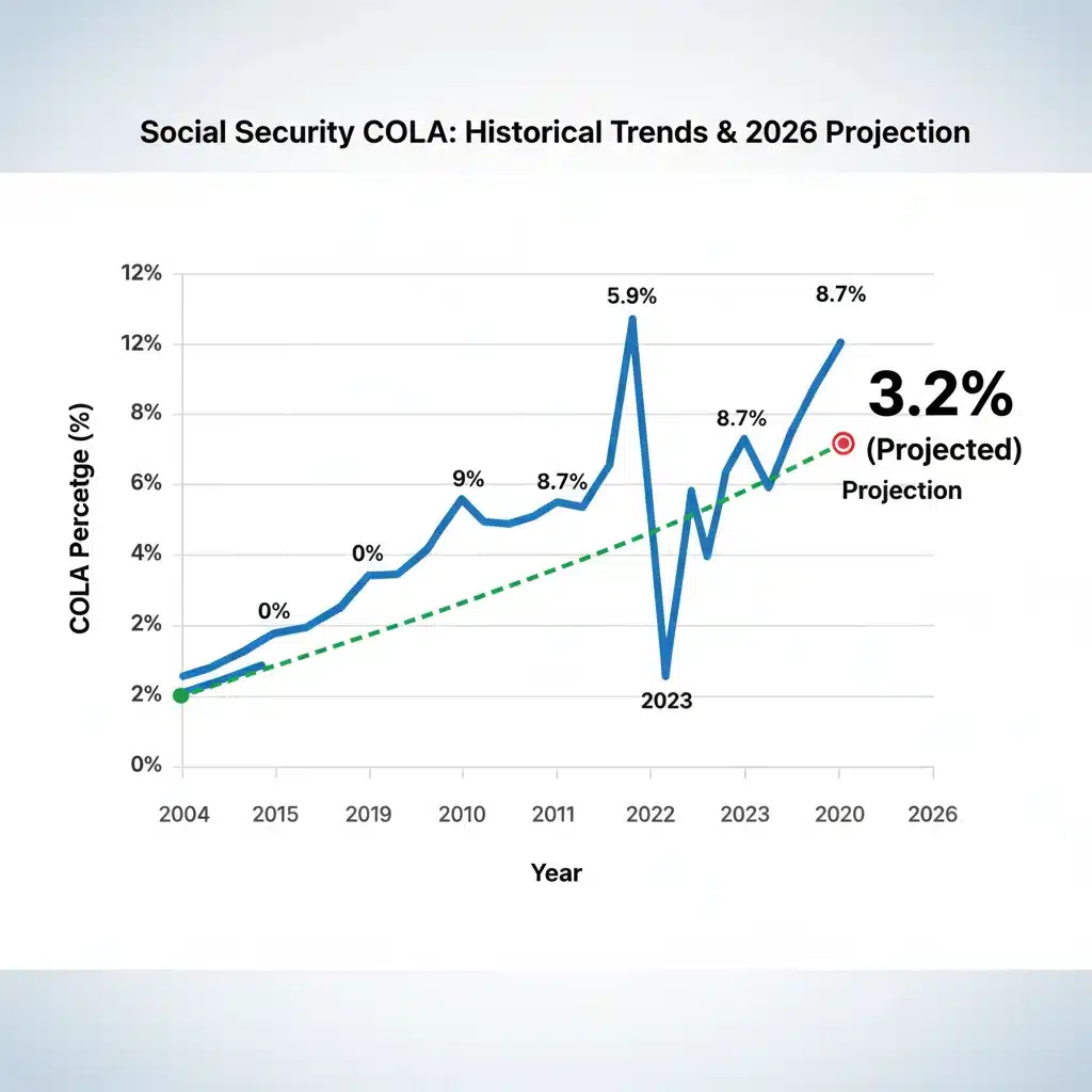 Historical Social Security COLA trends and 2026 projection graph