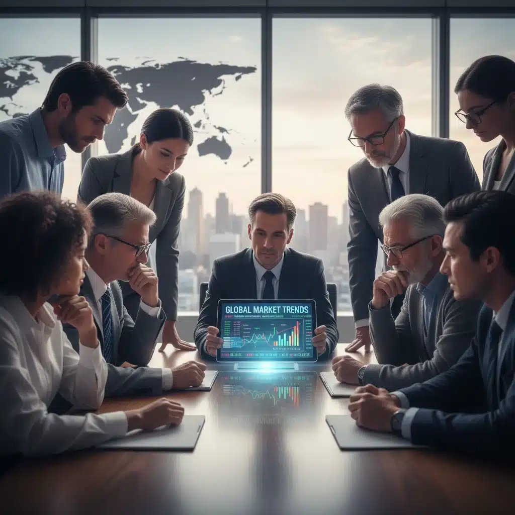 Diverse investors analyzing stock market data, representing diversified investment strategies.