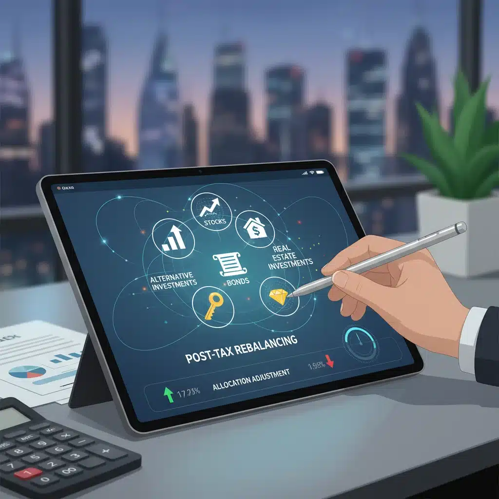 Diversified investment portfolio illustration with hand adjusting allocations for tax planning.