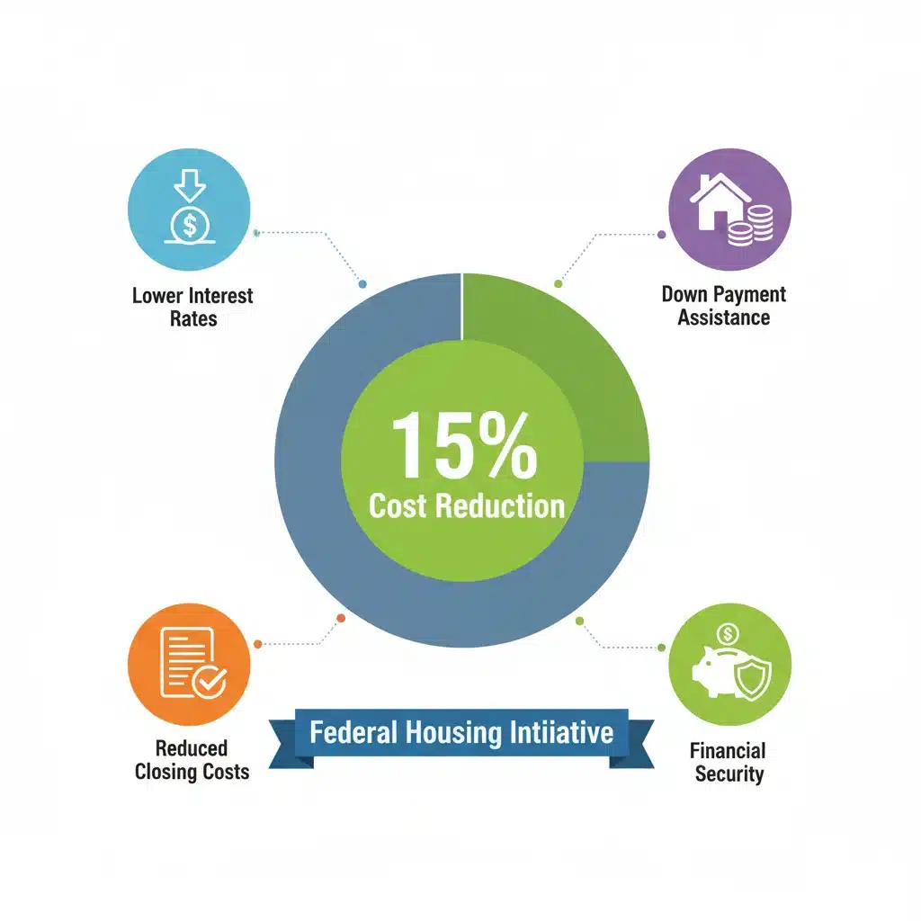 Infographic detailing the 15% cost reduction and benefits of the Federal Housing Initiative 2026 for first-time buyers.