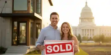 Young couple proudly holding a 'Sold' sign in front of their new home, benefiting from the Federal Housing Initiative 2026.
