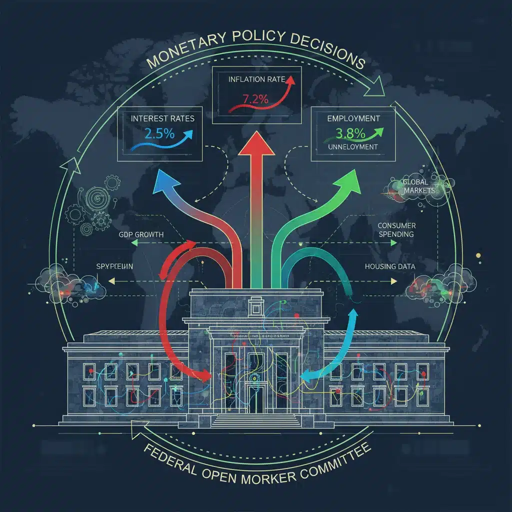 Federal Reserve building with economic indicators, representing monetary policy decisions.
