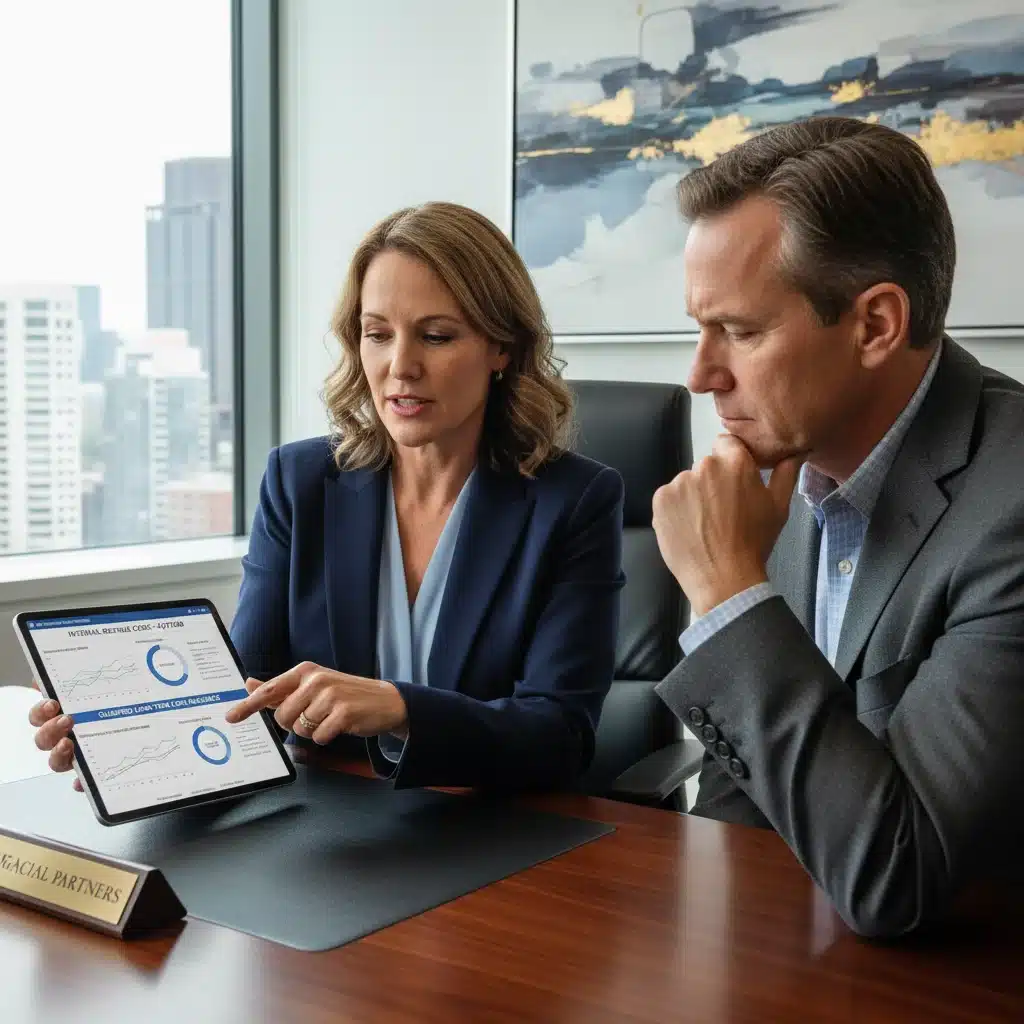 Financial advisor explaining complex tax codes and projections to a client.