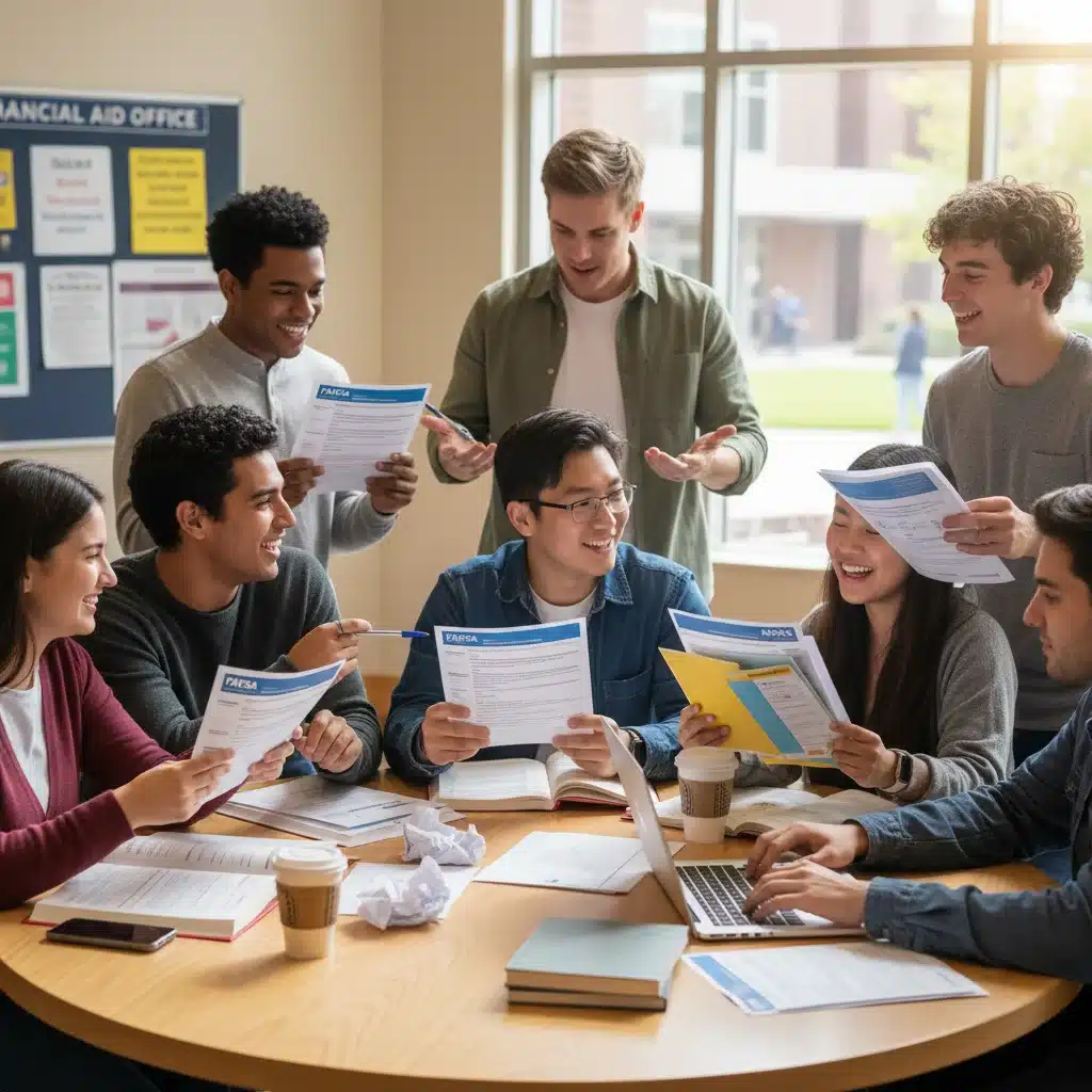 Students discussing financial aid and scholarship applications