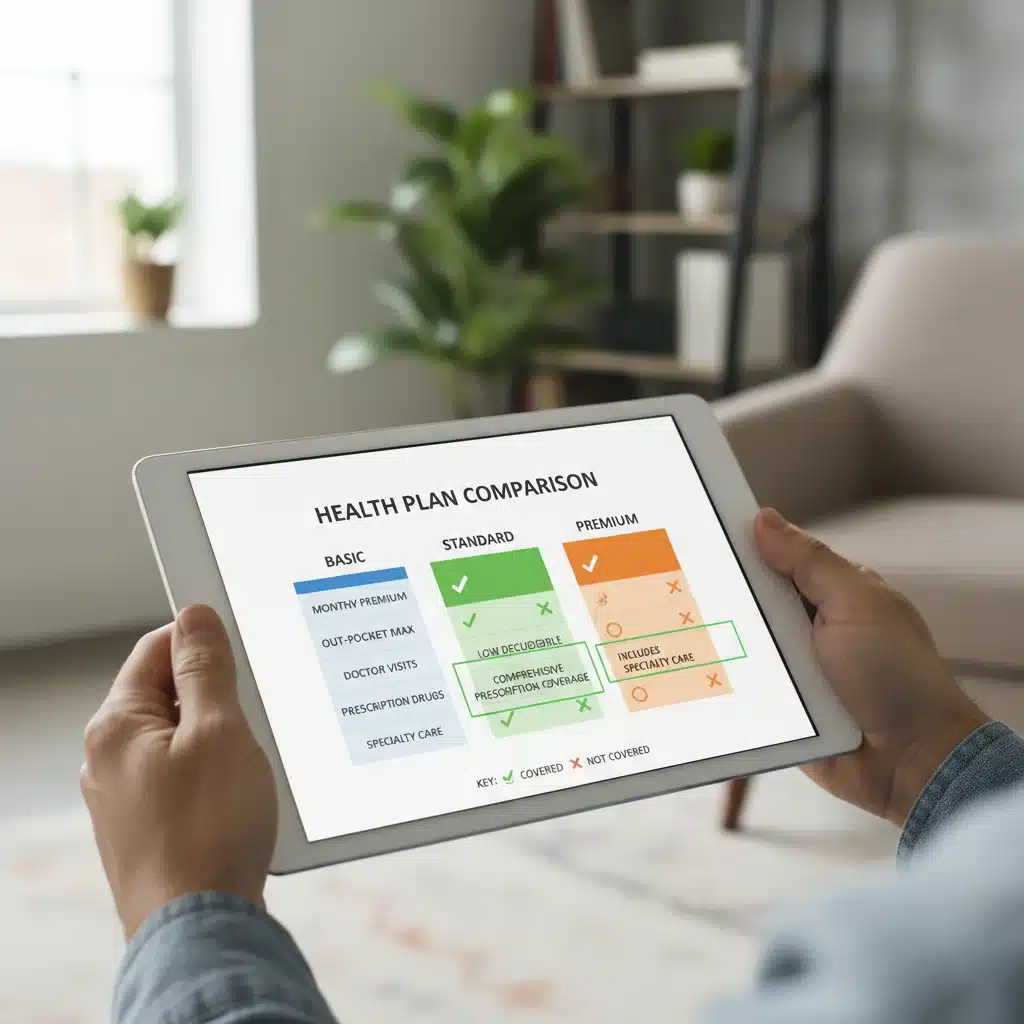 Hands holding tablet with health insurance plan comparison infographic, showing informed choices.