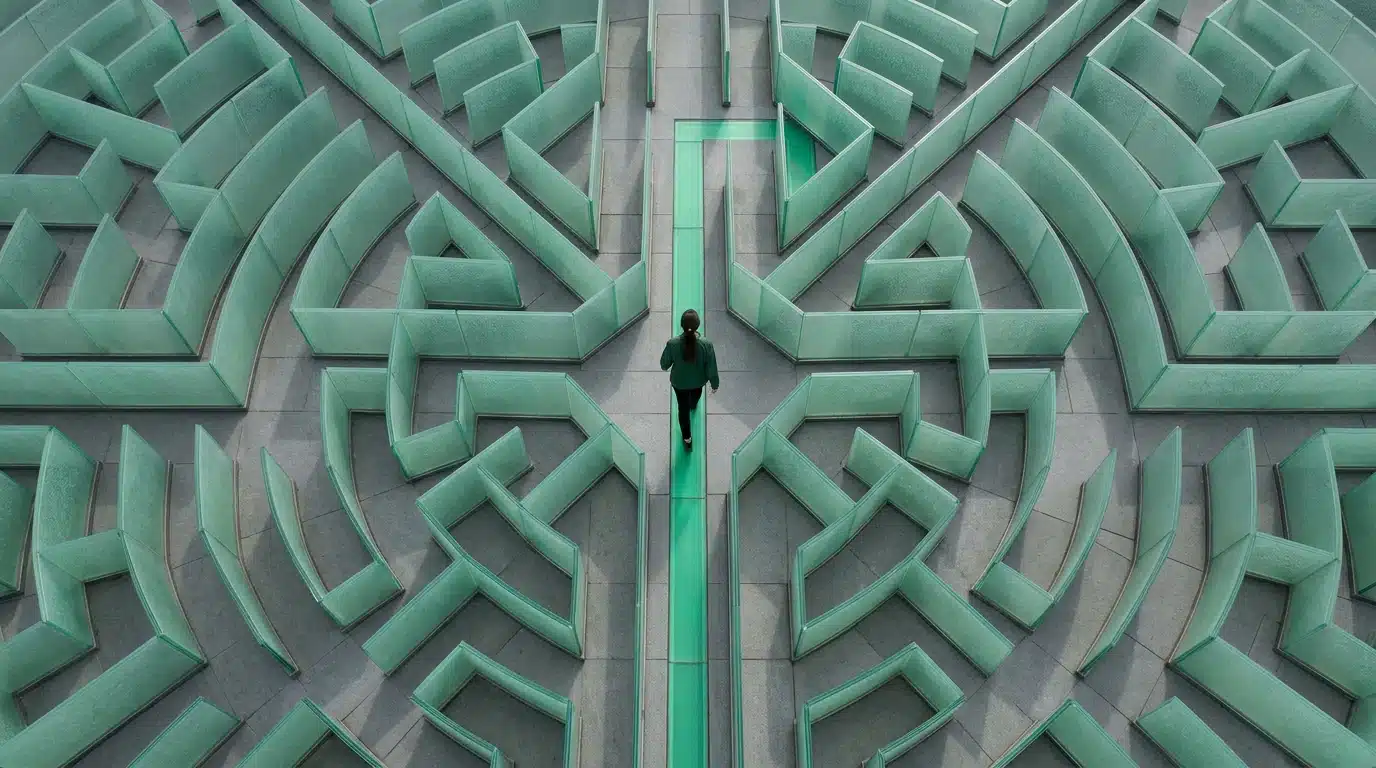 An aerial view of a person confidently walking on a glowing green path through a complex, frosted glass labyrinth, symbolizing clear navigation through benefit systems.