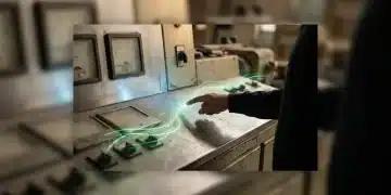 A person interacting with an antique industrial control panel, where a glowing green data stream overlays the worn metal, symbolizing the digital transformation of benefit access through AI and blockchain.