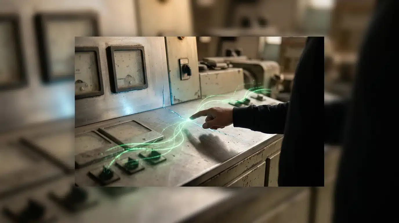 A person interacting with an antique industrial control panel, where a glowing green data stream overlays the worn metal, symbolizing the digital transformation of benefit access through AI and blockchain.