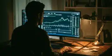 A person, seen from behind, observing complex financial market data on a large monitor, with dramatic side lighting illuminating a textured wooden desk.