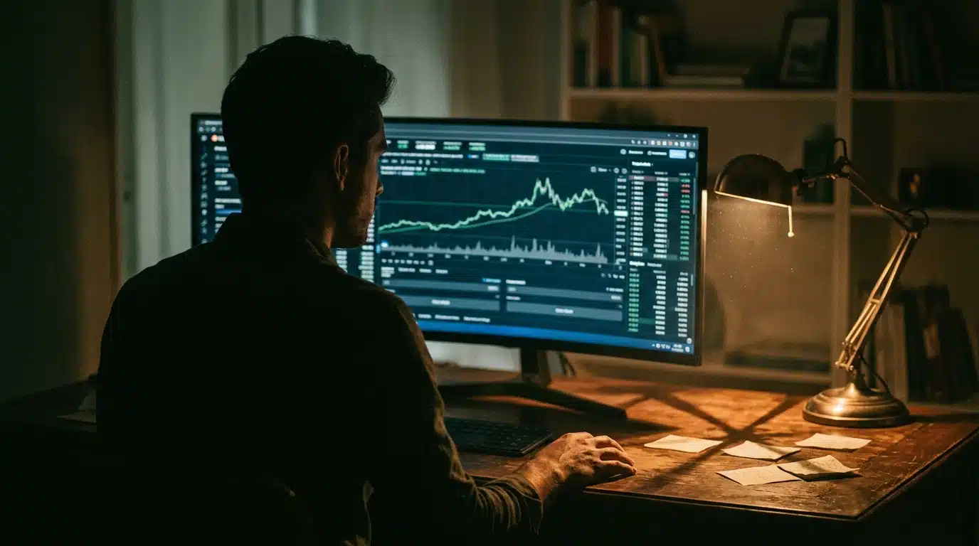 A person, seen from behind, observing complex financial market data on a large monitor, with dramatic side lighting illuminating a textured wooden desk.