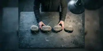 Overhead view of a person connecting etched stones labeled 'NEWS', 'EDUCATION', 'BENEFITS', and 'FINANCE' with glowing lines on a slate surface, illustrating financial ecosystem interplay.